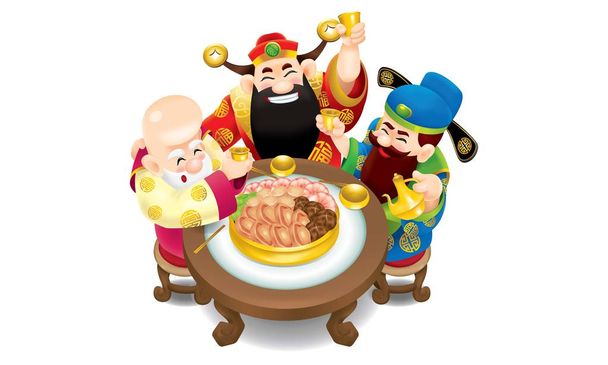 Trois dieux chinois mignons (représentent la longue vie, riche et carrière) se régalent joyeusement
.  - Vecteur, image