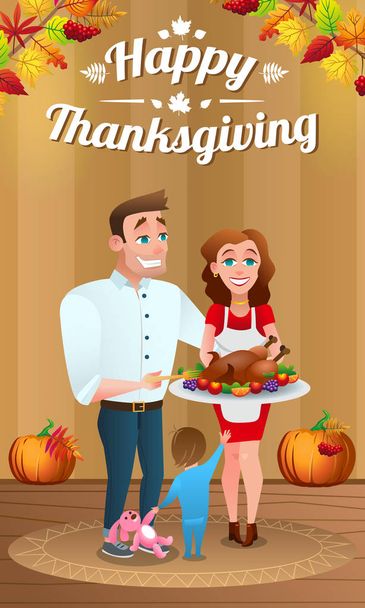 Ilustrace pro den díkůvzdání. Mladá rodina s pečené Turecko. Pozadí zdobí podzimní listí, plody a dýně. - Vektor, obrázek