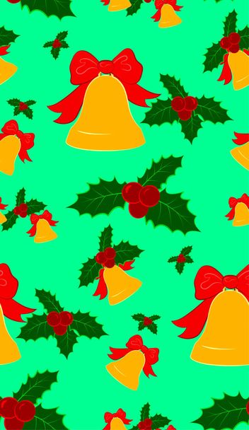 nahtloses Muster mit gelben Glöckchen mit Schleife und Stechpalme mit Beeren. Das Thema Weihnachten. - Vektor, Bild