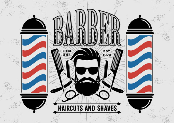 Barber shop vintage etykiety, odznaka lub symbol na szarym tle. Ilustracja wektorowa - Wektor, obraz