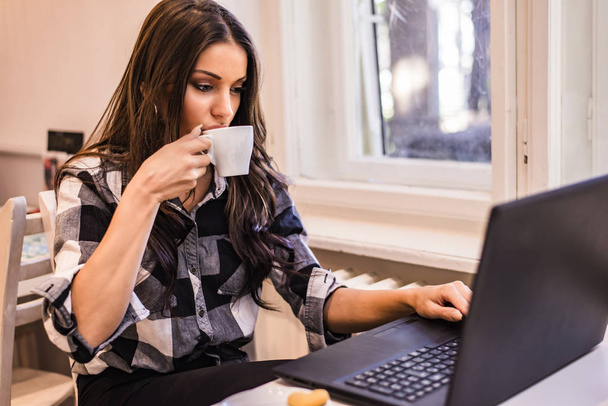 Kafede dizüstü bilgisayarla çalışma neşeli kadın blogger - Fotoğraf, Görsel