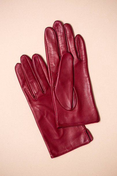Beaux gants en cuir classique bordeaux
 - Photo, image