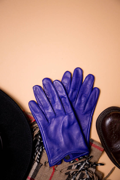 голубые перчатки на шарфе
 - Фото, изображение