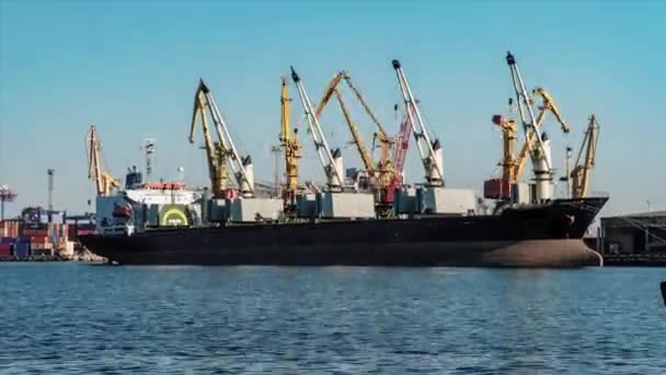 Grúas cargan carga en el barco. Caducidad acelerada de la carga en un buque marítimo
 - Imágenes, Vídeo