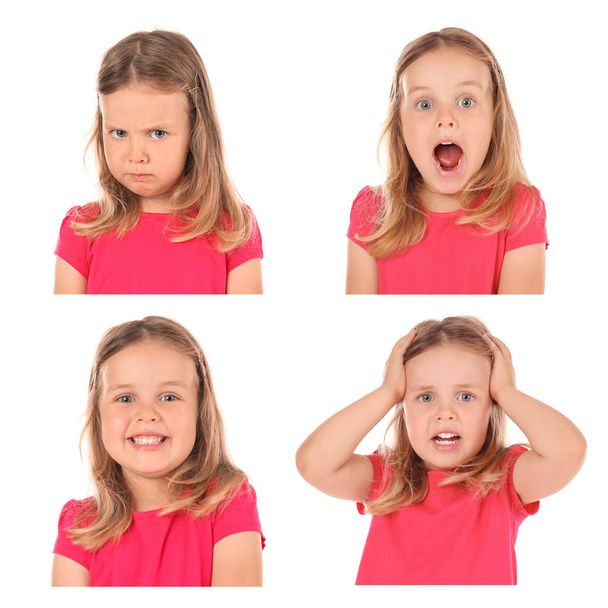 Meisje met verschillende emoties op witte achtergrond - Foto, afbeelding