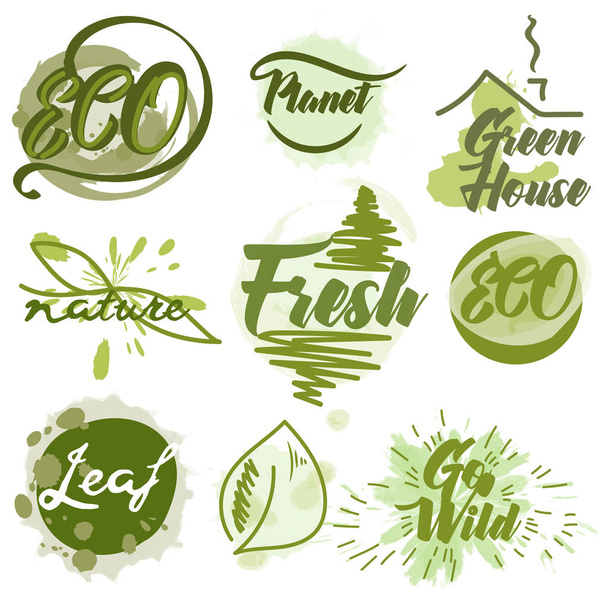 Set de etiquetas ecológicas verdes con manchas de tinta
 - Vector, imagen