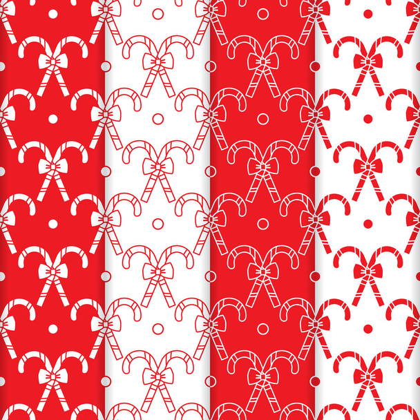 Set of 4 Happy New Year 2019 and Christmas seamless pattern. Vector illustration with candy canes and bows. Design for wrapping, fabric, print. - Вектор,изображение