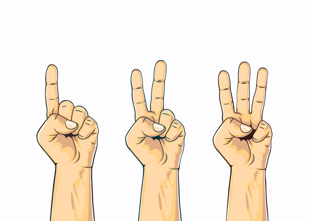 Satz des Zählens ein zwei drei Handzeichen. - Vektor, Bild