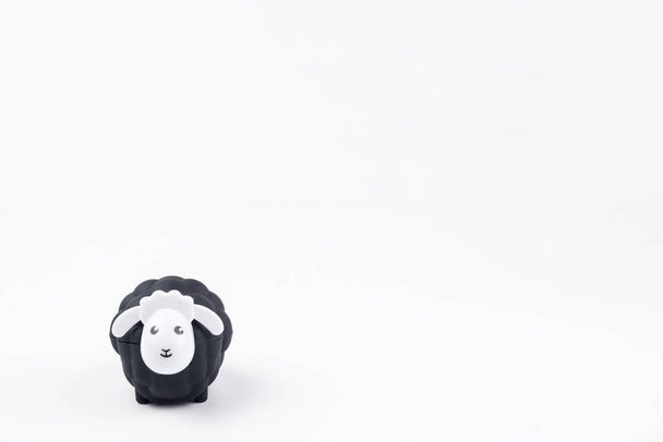 Černá ovce panenka izolovaných na bílém pozadí s prázdné pro váš text - Fotografie, Obrázek