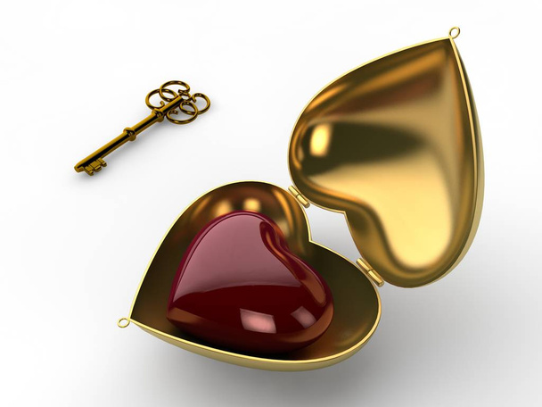 3D ilustracja złote pudełko w kształcie serca, w którym znajduje się czerwone serce, symbol miłości i lojalności, symbolika miłośników wakacje, Valentine. renderowania 3D - Zdjęcie, obraz