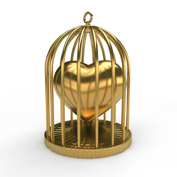 La imagen de la jaula de oro y el símbolo del corazón de oro del día de San Valentín, las vacaciones de los amantes. Corazón en una jaula. La idea del cautiverio, del amor, la alegría y la celebración. Renderizado 3D
 - Foto, imagen