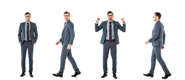 колаж дорослого бізнесмена в костюмі, що йде і стоїть з різними емоціями ізольовані на білому
 - Фото, зображення