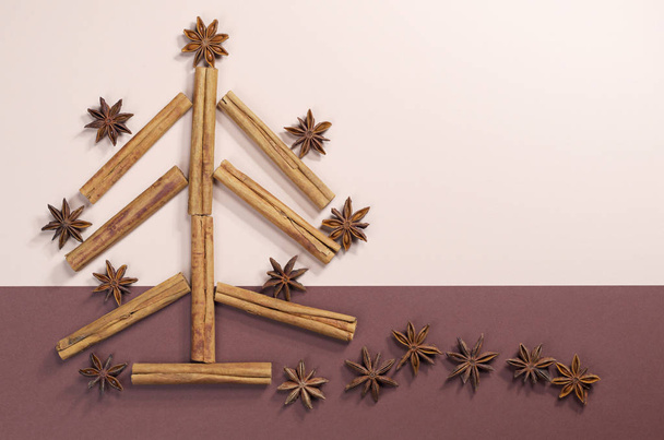 Christmas tree made of cinnamon and anise on a two-tone brown background, top view with copy space - Photo, Image