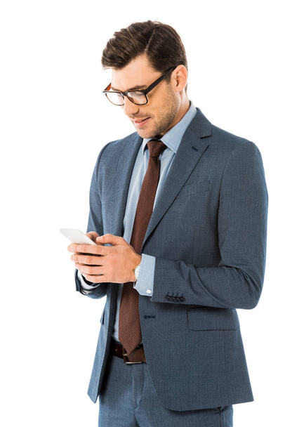 handsome executive businessman using smartphone isolated on white - Foto, Imagem