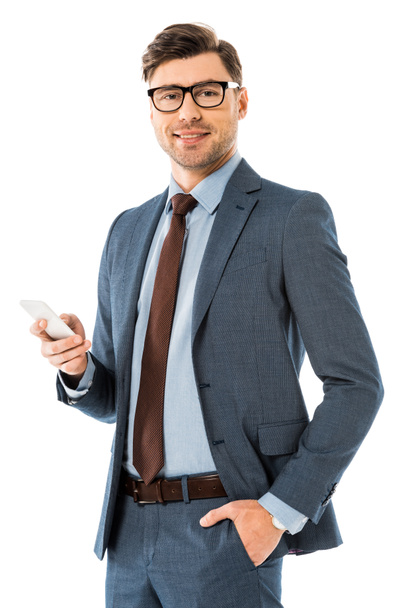 adult businessman using smartphone isolated on white - Photo, Image