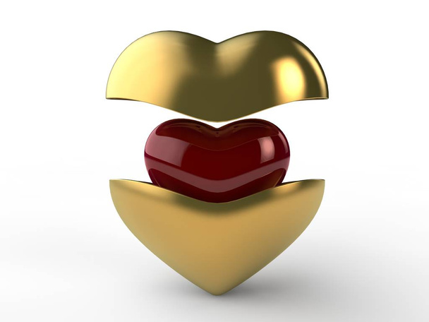 Образ Золотого Сердца разделен на две части. Спрятанное внутри живого, любящего, красного сердца. Идея праздника Валентина, день, любовь. 3D рендеринг
 - Фото, изображение