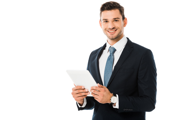 schöner lächelnder Geschäftsmann mit digitalem Tablet auf weißem Hintergrund - Foto, Bild