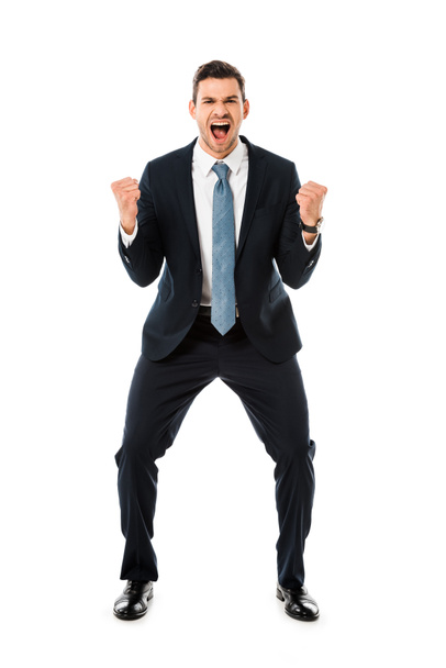 volwassen gelukkig zakenman gebaren en vreugde geïsoleerd op wit - Foto, afbeelding