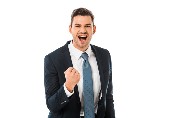 Erwachsene glücklich Geschäftsmann schreien und jubeln isoliert auf weiß - Foto, Bild