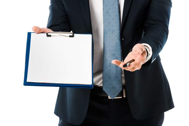 cropped view of businessman giving empty clipboard and pen isolated on white  - Photo, Image