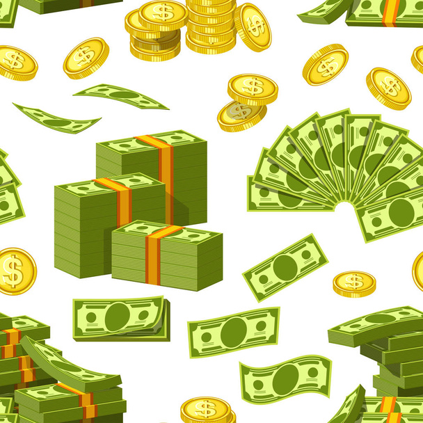 Dollars en centen geld bankbiljetten en gouden cent munten pictogrammen naadloze patroon - Vector, afbeelding