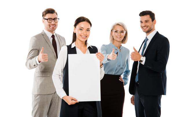 female boss holding empty placard while professional team showing thumbs up isolated on white - Foto, imagen