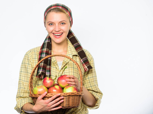 Woman gardener rustic style hold basket with apples harvest on white background. Harvesting time concept. Woman cheerful carry basket with natural fruits. Lady farmer or gardener proud of her harvest - Foto, Imagen