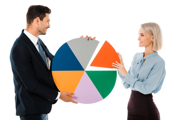 счастливые деловые коллеги, держащие красочную диаграмму изолированы на белом
 - Фото, изображение