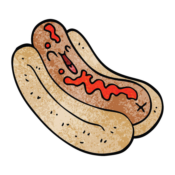 Cartoon Doodle Hotdog im Brötchen mit Ketchup - Vektor, Bild