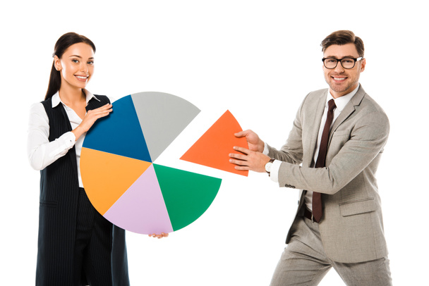 бізнес-леді і бізнесмен тримає барвисті карти ізольовані на білому
 - Фото, зображення