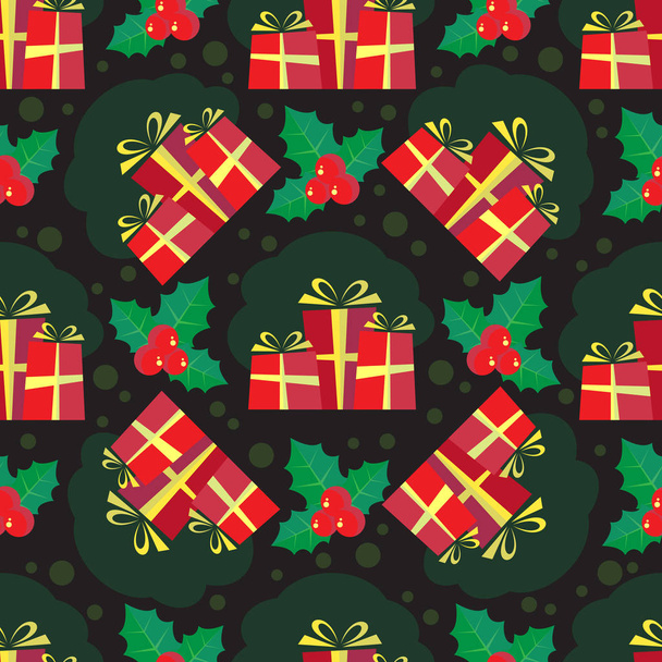 Рождественский узор без тюленей с подарочными коробками и ягодами. Плоский дизайн. Элемент дизайна для подарочной упаковки или ткани
. - Вектор,изображение