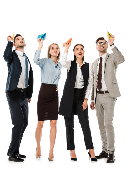 businesspeople throwing paper planes, isolated on white - Photo, Image
