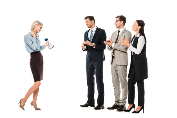 businesspeople applauding to female leader with megaphone isolated on white - Фото, зображення