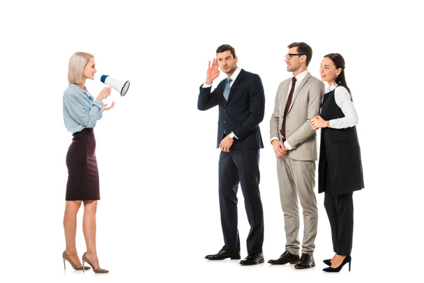 business team listening female leader with megaphone isolated on white - Zdjęcie, obraz