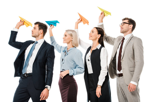 business colleagues throwing paper planes, isolated on white - Photo, Image