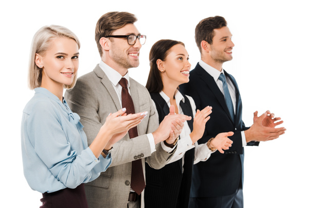 sonriente exitoso equipo de negocios aplaudiendo aislado en blanco
 - Foto, imagen