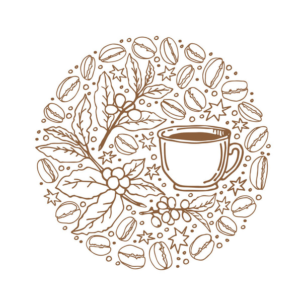 Круговая рамка с чашкой кофе изолированы на белом фоне. В стиле Дудла. Элемент дизайна для меню кафе, листовок, наклеек или магнитов
. - Вектор,изображение