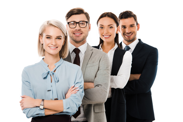 grupo empresarial profesional posando con brazos cruzados aislados sobre blanco
 - Foto, Imagen