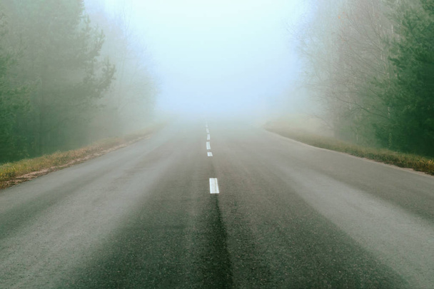Fahrbahnmarkierungen und Linien. Nebel bedeckt einen Teil der Straße. weit reisen über weite Strecken. Autobahn in einer natürlichen Landschaft - Foto, Bild