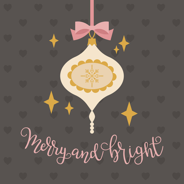 Christmas ornament on a pink bow. Merry and Bright hand lettering. Vector illustration - Διάνυσμα, εικόνα
