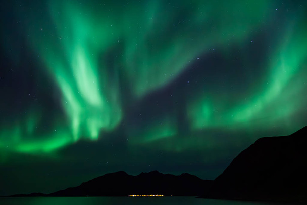 Niesamowite Aurora Borealis w północnej Norwegii (Grotfjord), górami i morzem w tle - Zdjęcie, obraz