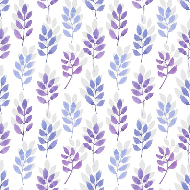 Seamless pattern of blue leaves and flowers in watercolor style. Excellent background for fabric or paper. - Fotoğraf, Görsel