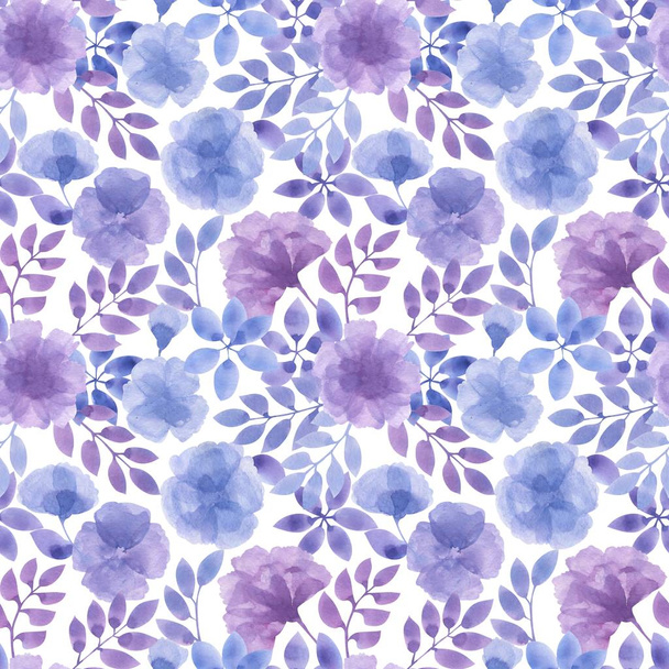 Seamless pattern of blue leaves and flowers in watercolor style. Excellent background for fabric or paper. - Foto, Imagem
