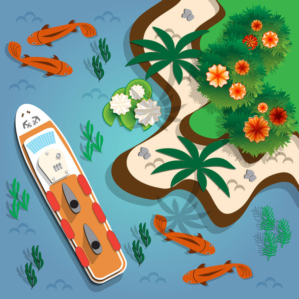 Lagoon with floating fish. Top view. Vector illustration. - Vektör, Görsel