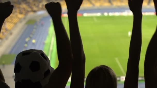 Happy female and male football supporters watching game, enjoying team victory - Footage, Video