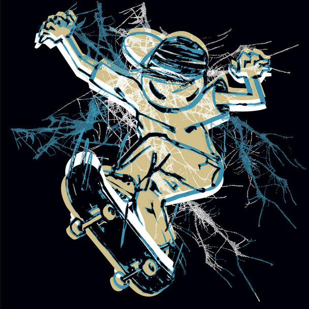 Ilustración vectorial del patinador. Concurso de estilo libre, camiseta, estampado. Dibujos animados de freestyle skater saltando en el monopatín, fondo negro
 - Vector, Imagen