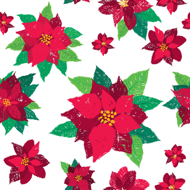 Patrón inconsútil de Navidad vectorial con flores rojas de Poinsettia y hojas verdes sobre fondo blanco. Editable, escalable ideal para imprimir productos bajo demanda, papelería, tarjetas, tarjetas de felicitación
 - Vector, imagen
