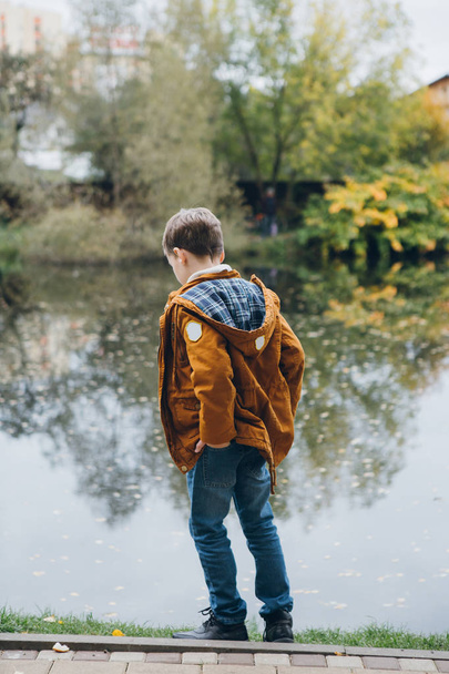 Cute boy walks and poses in a colorful autumn Park. The boy stands with his back and looks at the autumn lake. Toning. - 写真・画像