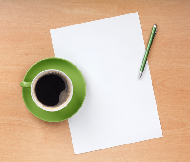 Blank paper with pen and coffee cup - Photo, Image
