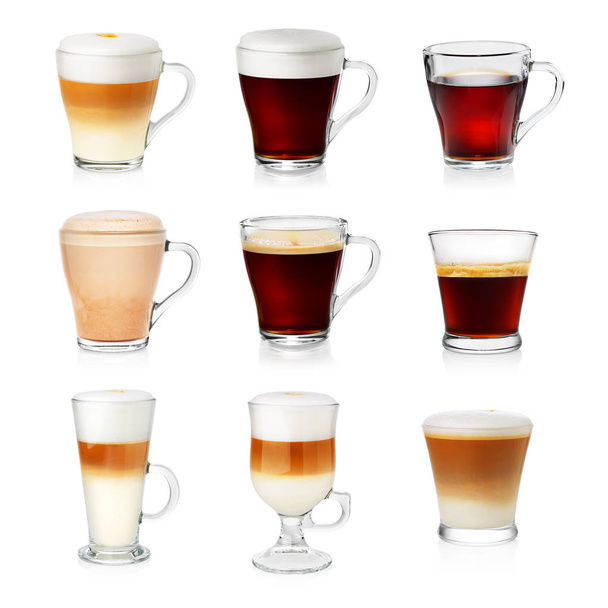 Different types of coffee isolated on white. Cafe menu. Set of different cups - Foto, immagini